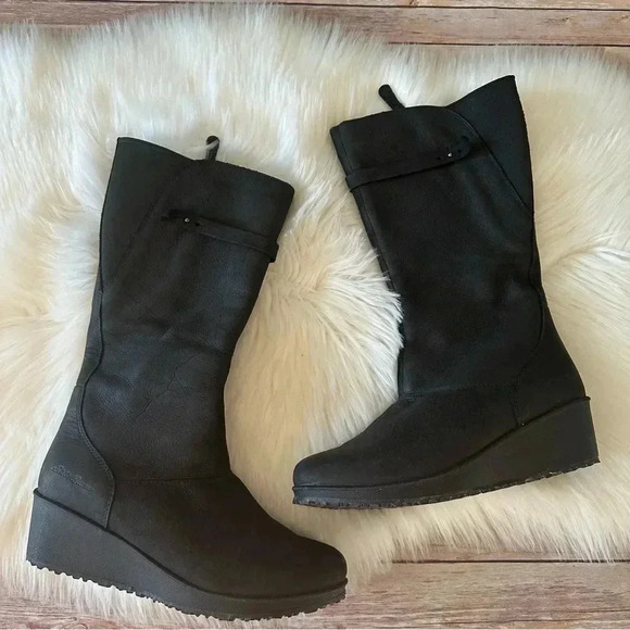 Eddie Bauer Tall Black Leather Boots Wedges Sz 10 - Picture 1 of 12